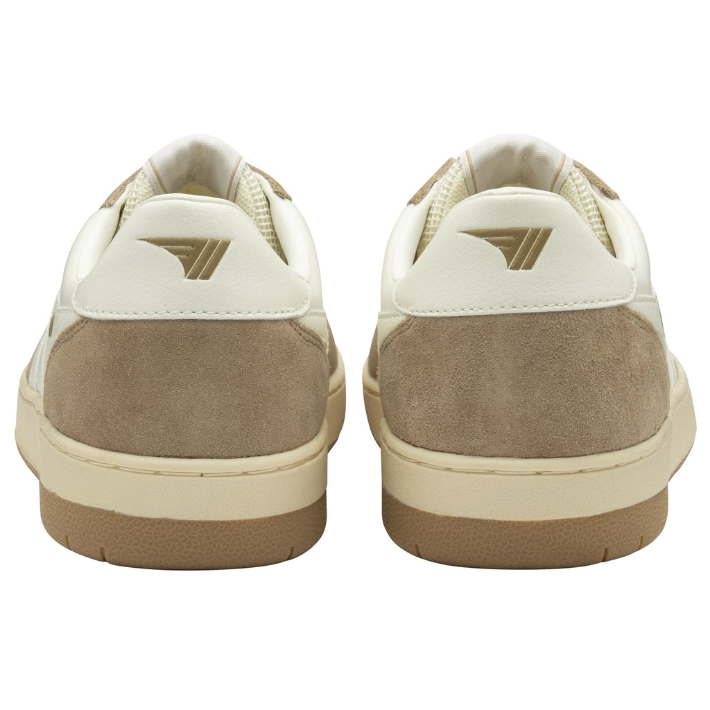 Pair of beige and brown sneakers, rear view