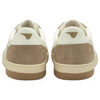 Pair of beige and brown sneakers, rear view