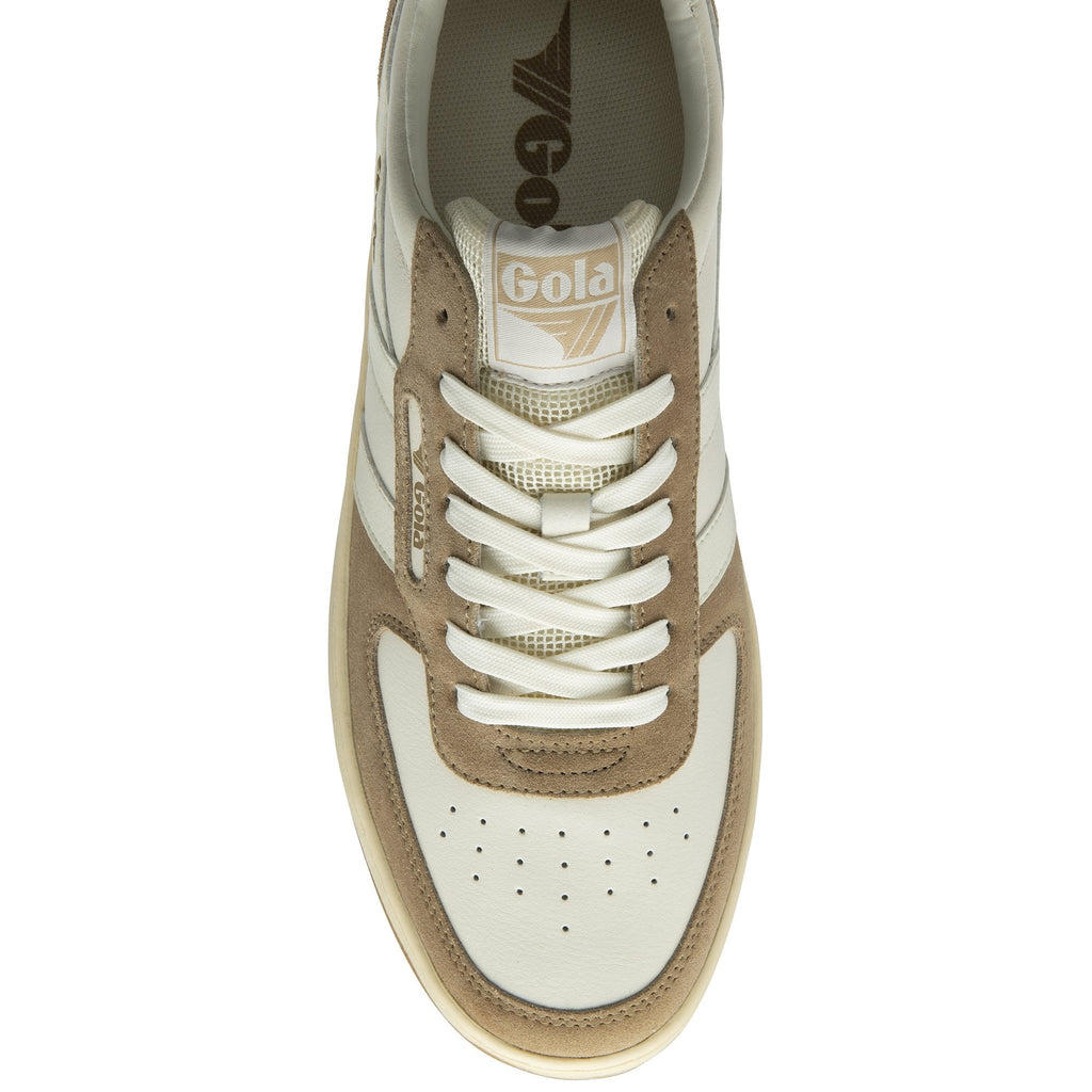 Top-down view of a Gola trainer in off-white and tan suede, focusing on laces.