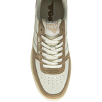 Top-down view of a Gola trainer in off-white and tan suede, focusing on laces.
