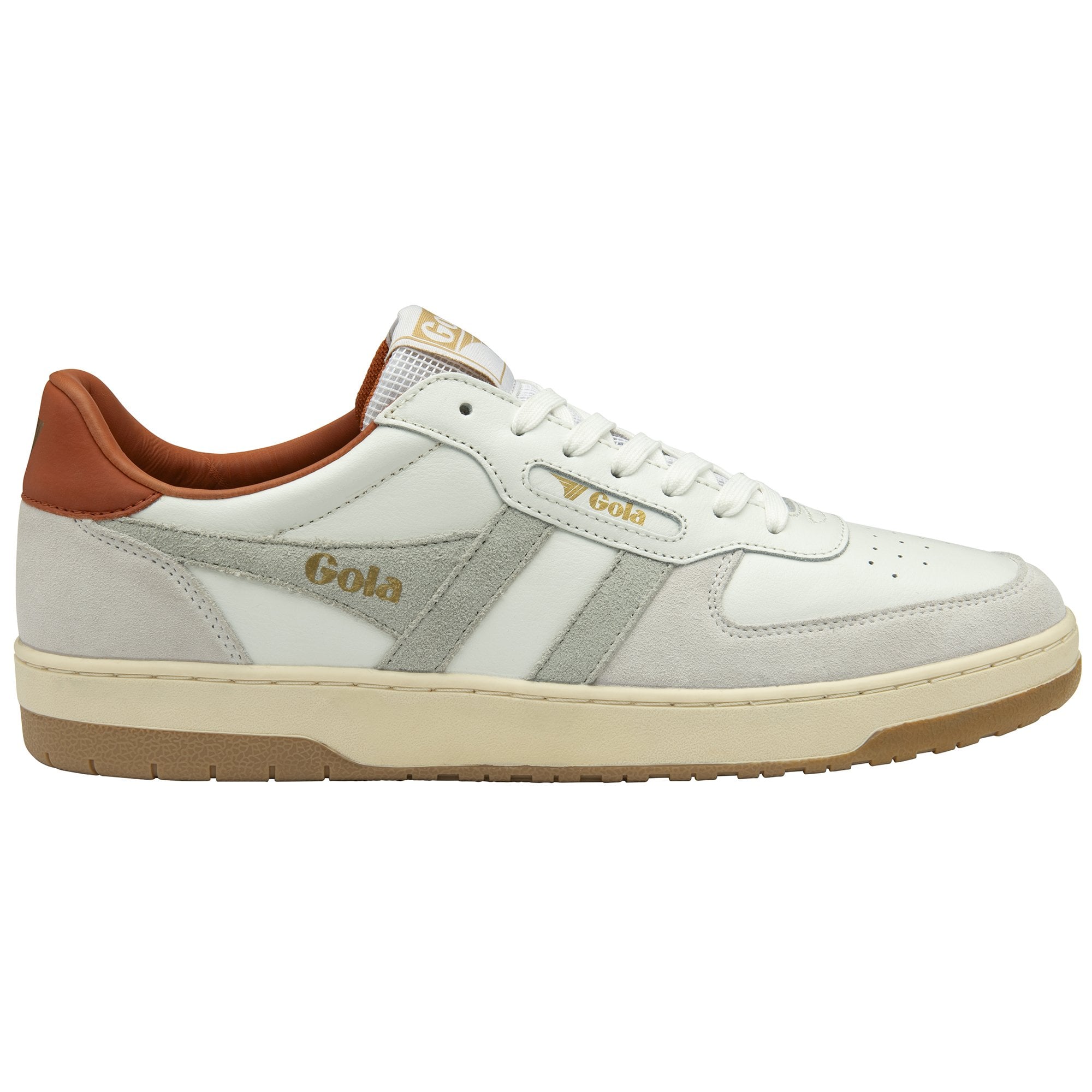 Side profile of the Gola Elan sneakers in off-white with tan accents.