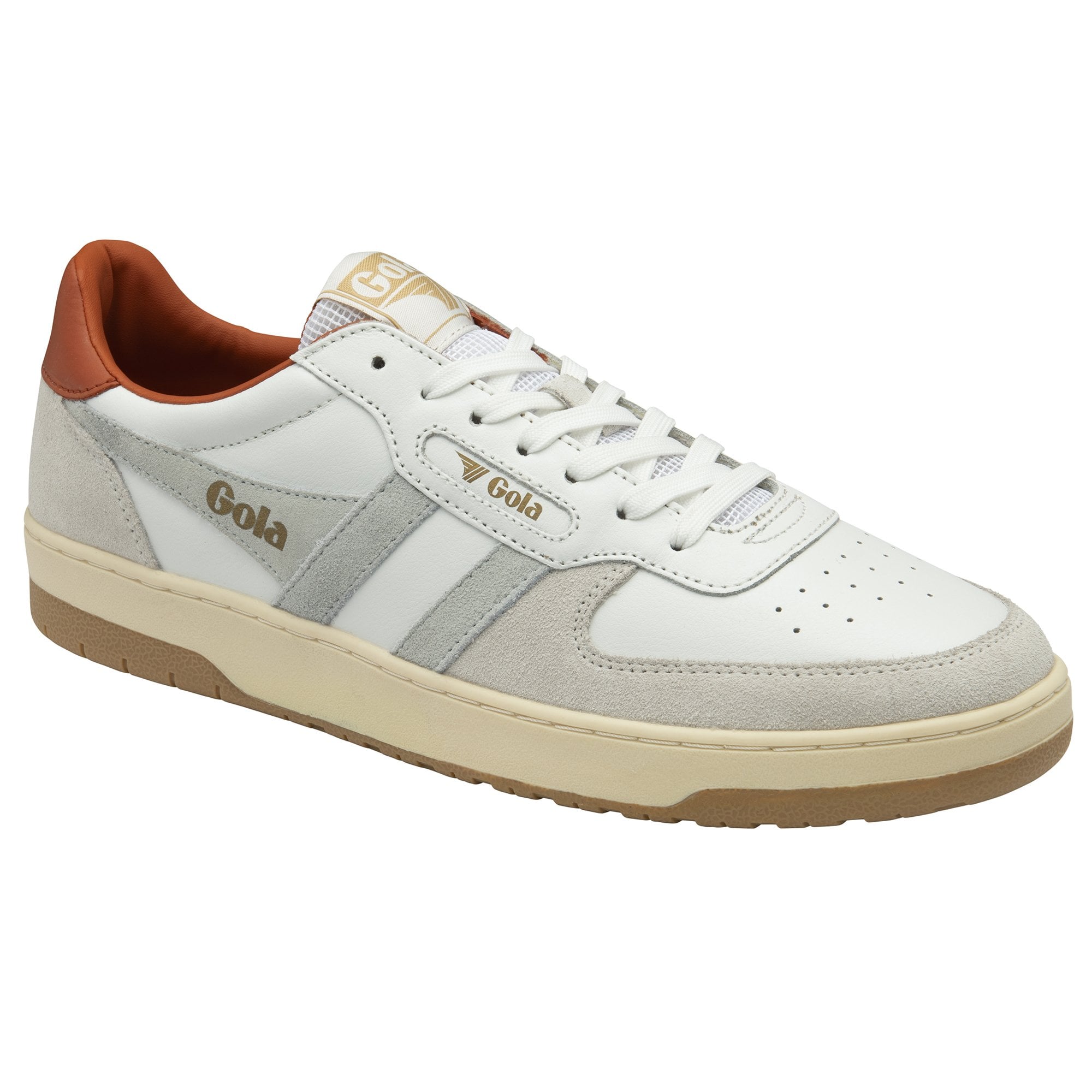 Slightly angled side view of the Gola Elan sneakers in off-white with tan details.