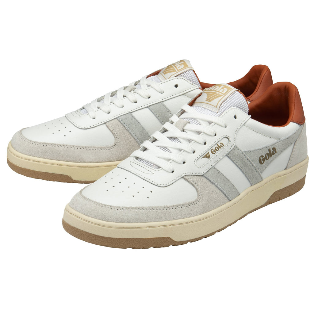 Pair of Gola Elan sneakers in off-white with tan accents, side by side.