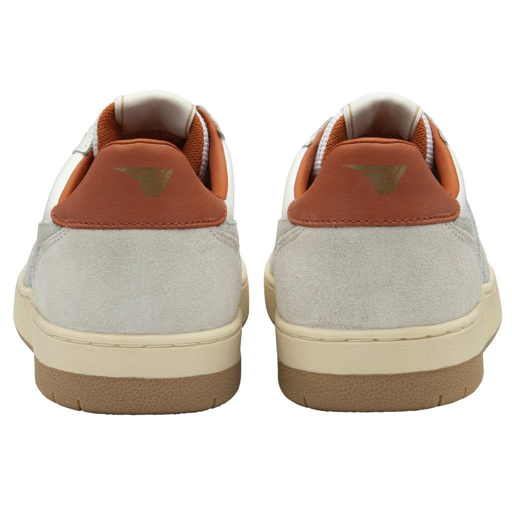 Rear view of a pair of Gola Elan sneakers showing tan heel tabs.