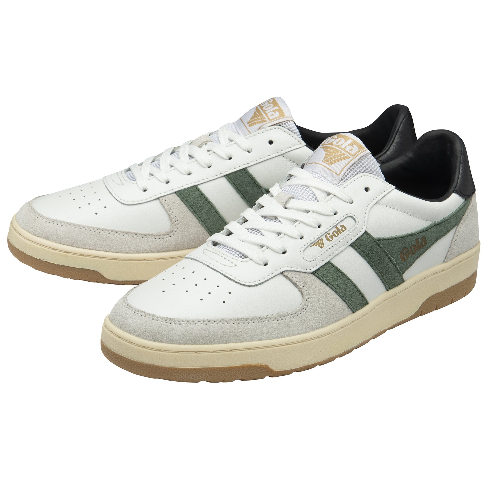 A pair of white Gola sneakers with green stripes, black heels, and tan soles.