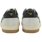 The back view of two white Gola sneakers with black heels and tan soles.