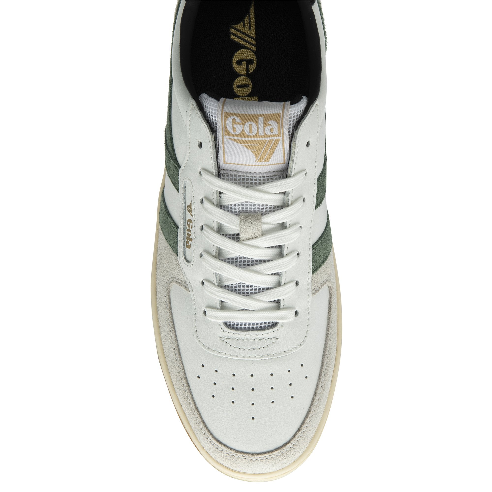 The top-down view of a white Gola sneaker with green stripes and tan sole.