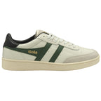 A white Gola sneaker with a dark green stripe, facing left.