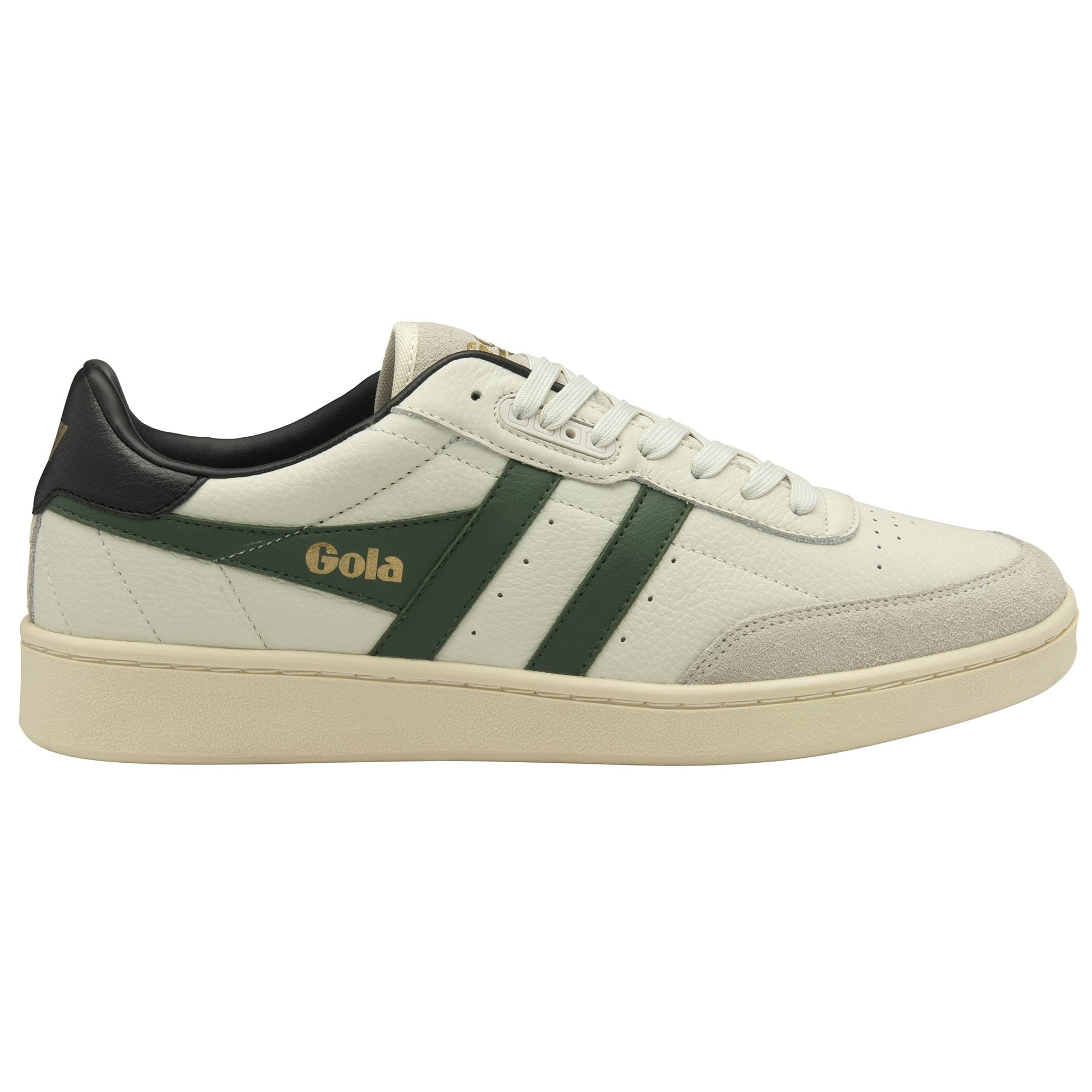 A white Gola sneaker with a dark green stripe, facing left.
