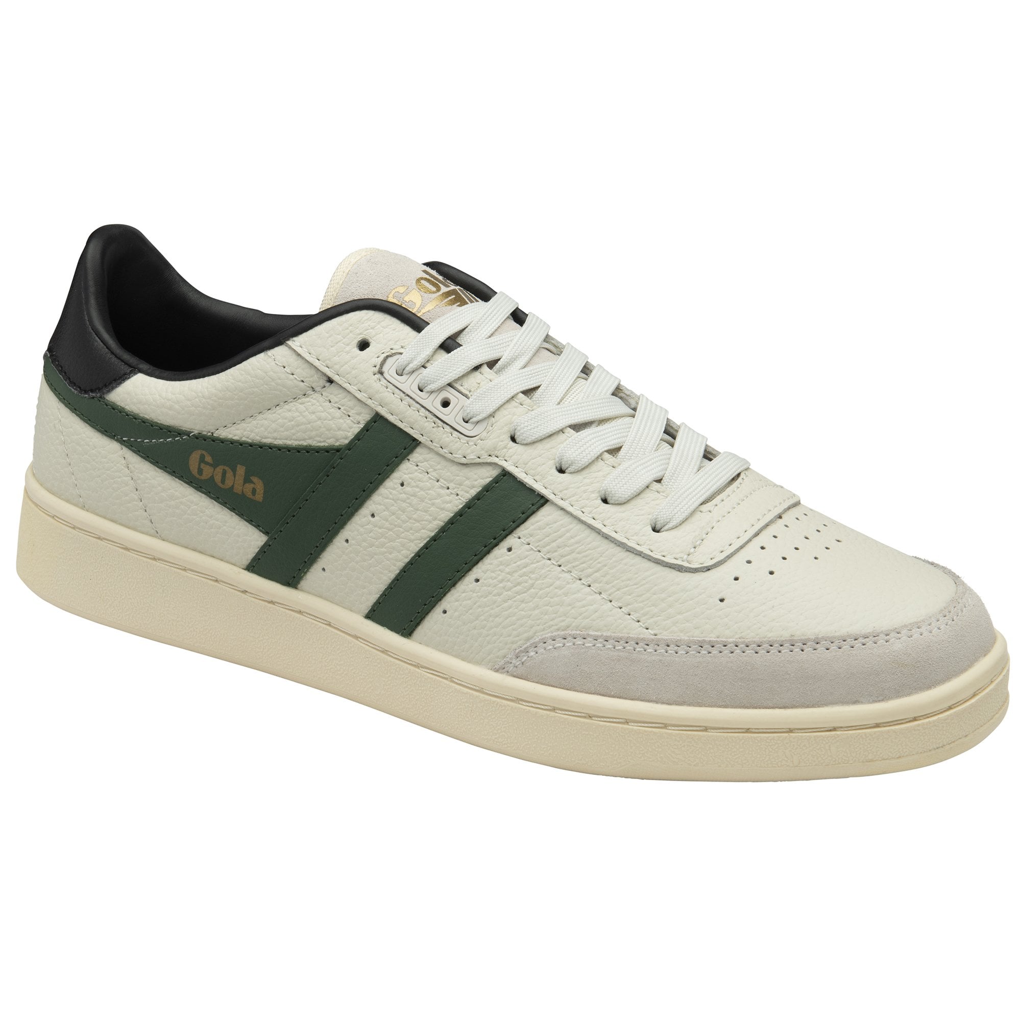 A white Gola sneaker with a dark green stripe, facing right.