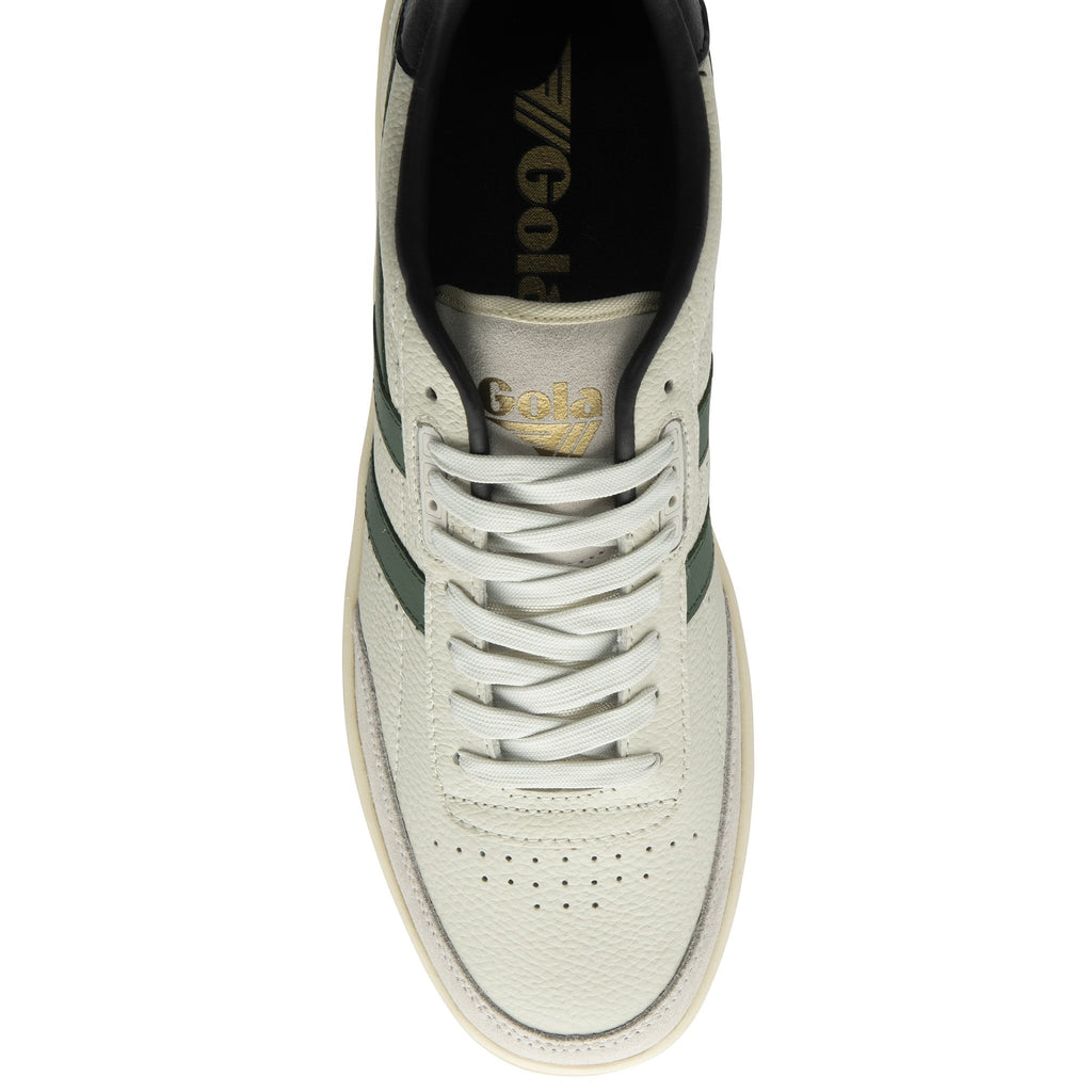 The top-down view of a white Gola sneaker with a dark green stripe.