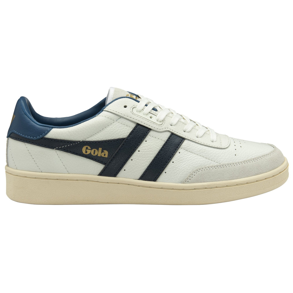 Side profile of a white Gola sneaker with navy stripes and a beige sole. 