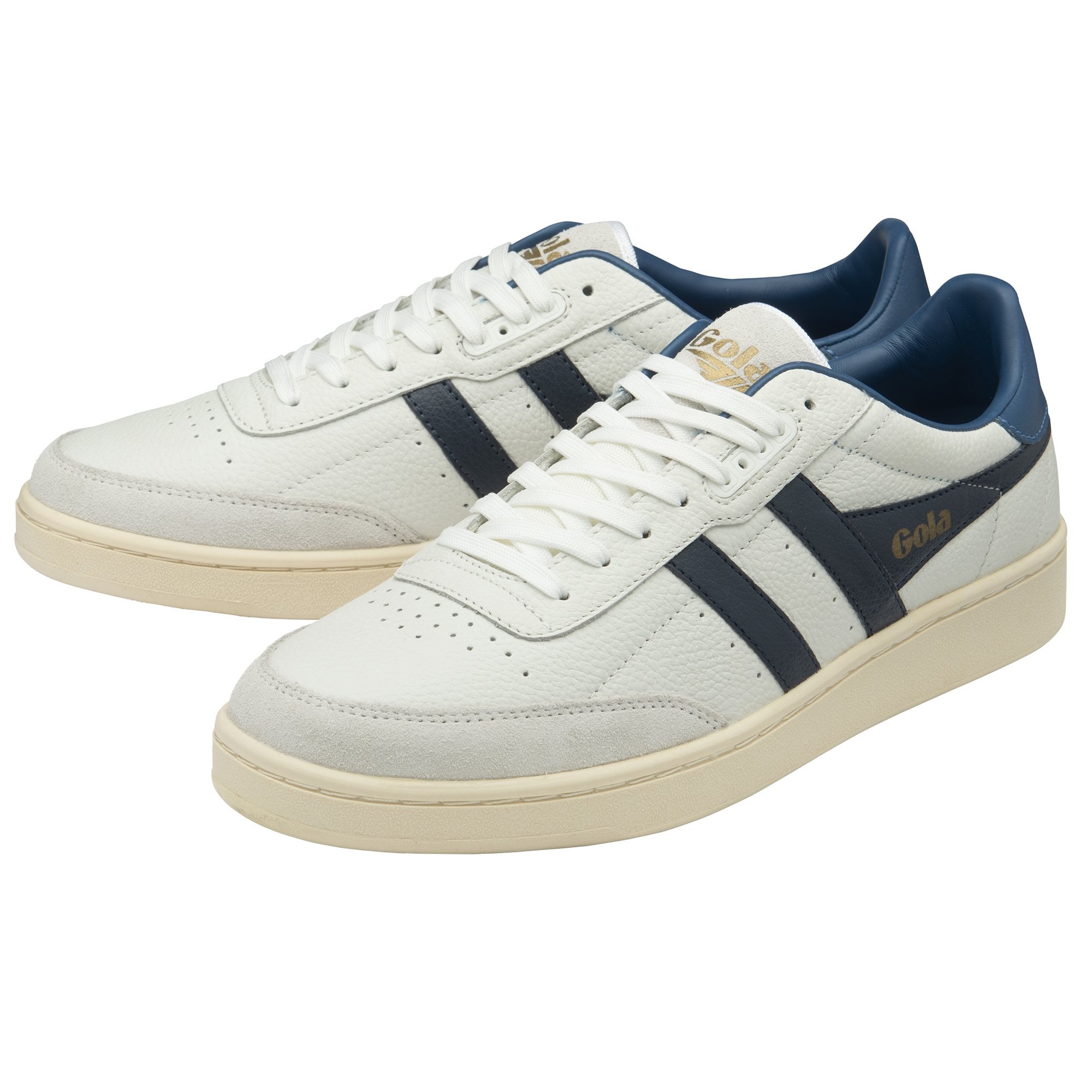 A pair of white Gola sneakers with navy stripes and beige soles, angled slightly.