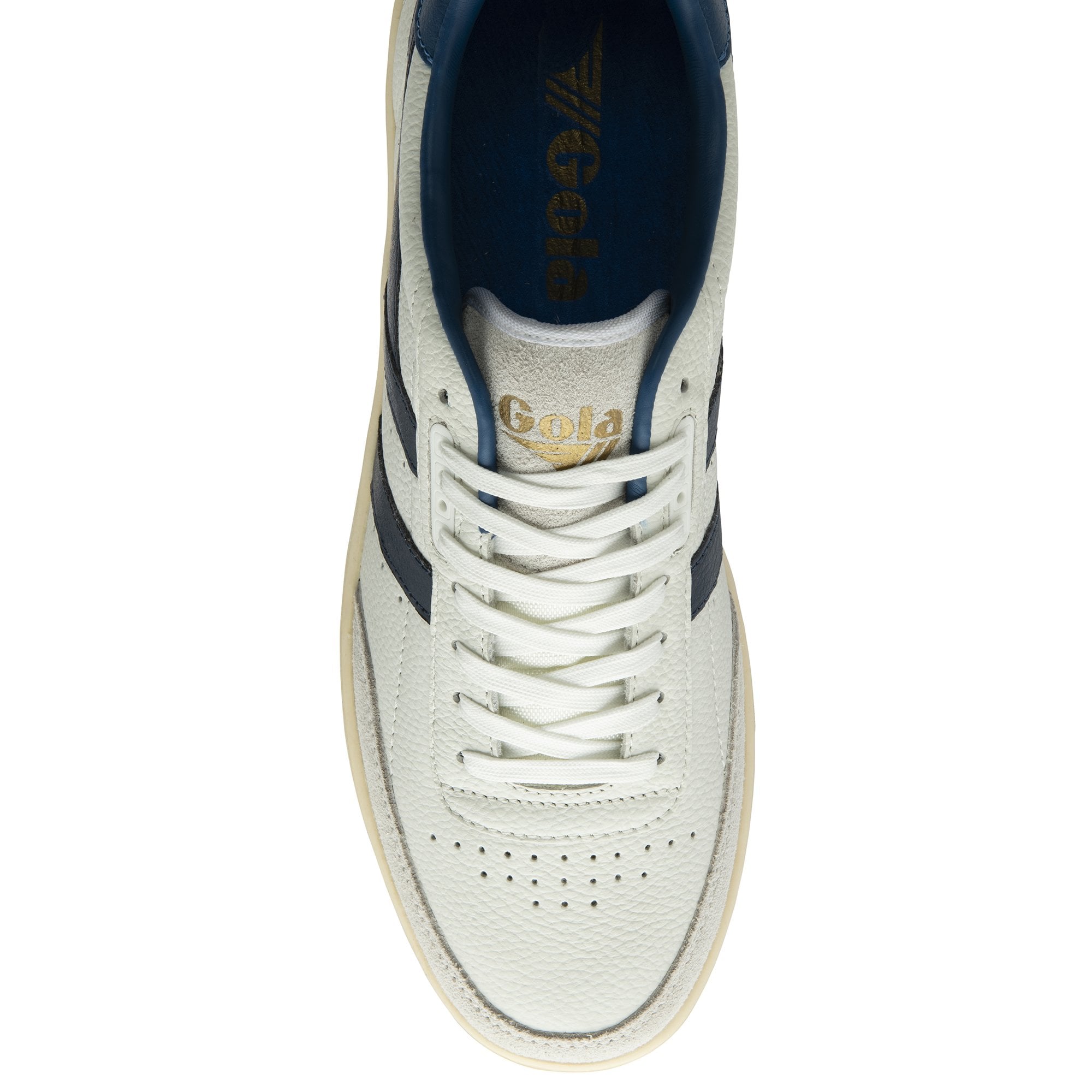 Top-down view of a white Gola sneaker with navy stripes and white laces. 