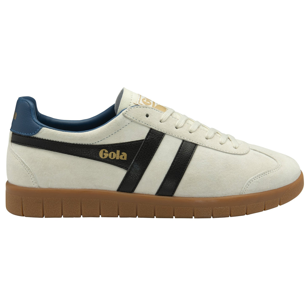 Side profile of a Gola men's sneaker, with a suede off-white upper, blue heel, and brown sole.