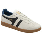 Angled side view of a Gola men's sneaker, with a suede off-white upper, blue heel, and brown sole.