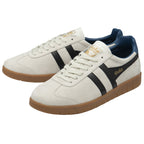 Pair of Gola men's sneakers, with suede off-white uppers, blue heels, and brown soles.
