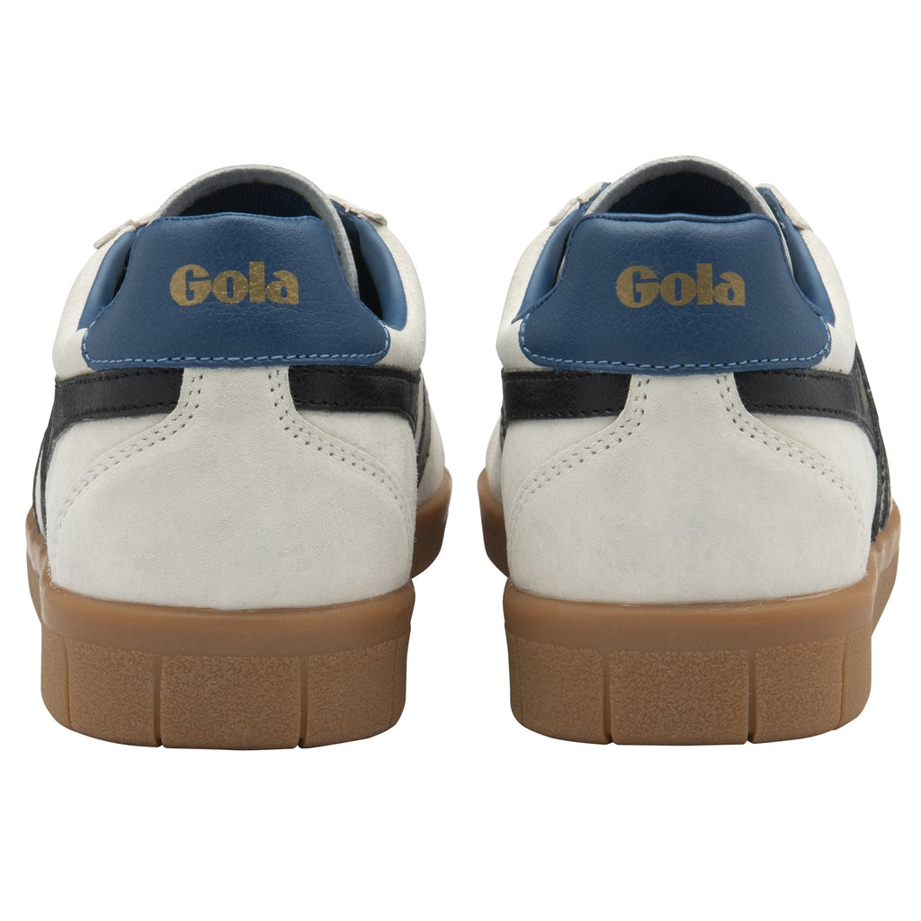 Rear view of a pair of Gola men's sneakers, with blue heels and brown soles.