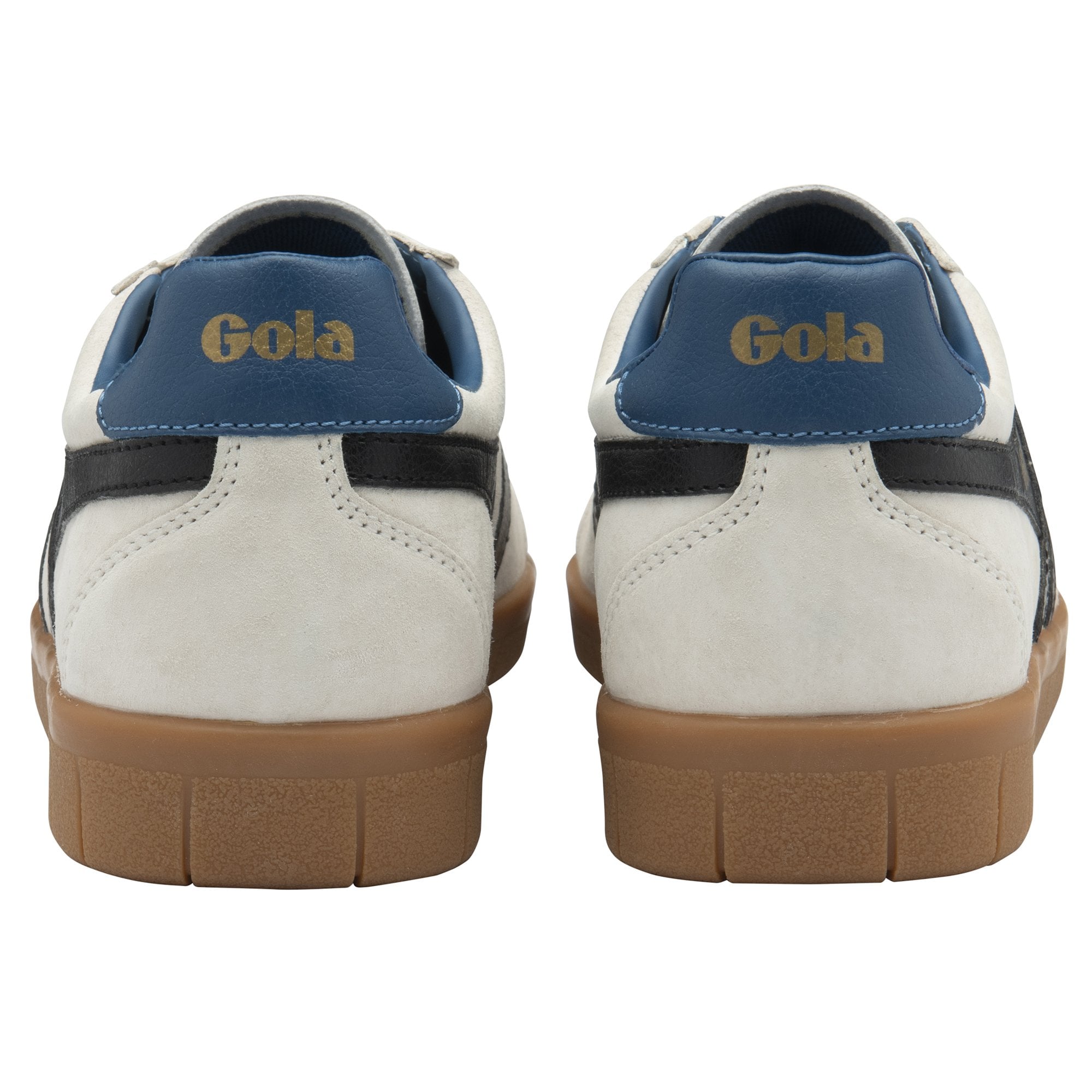 Rear view of a pair of Gola men's sneakers, with blue heels and brown soles.