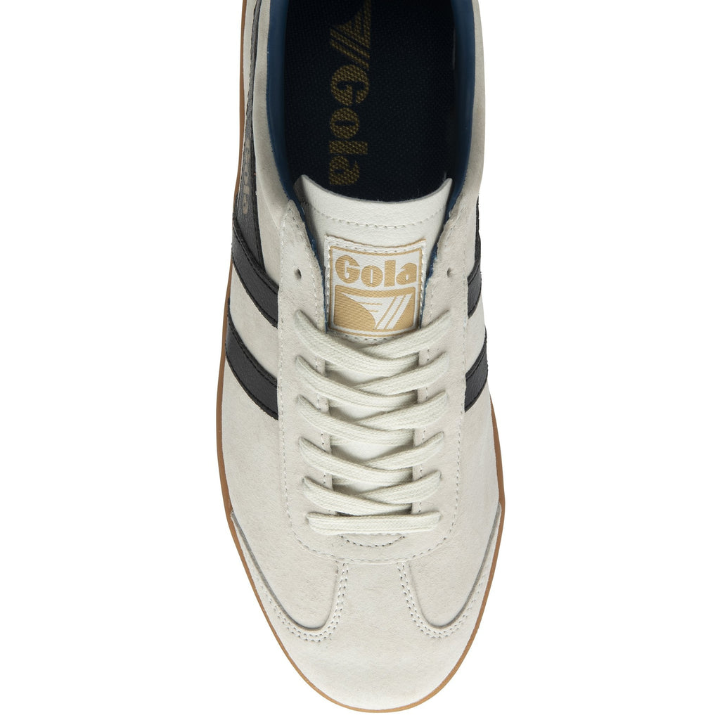 Top down view of a Gola men's sneaker, with an off-white upper, and brown sole.