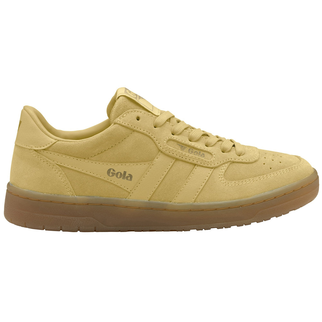 A single Gola low-top sneaker in pale yellow suede with a brown rubber sole.
