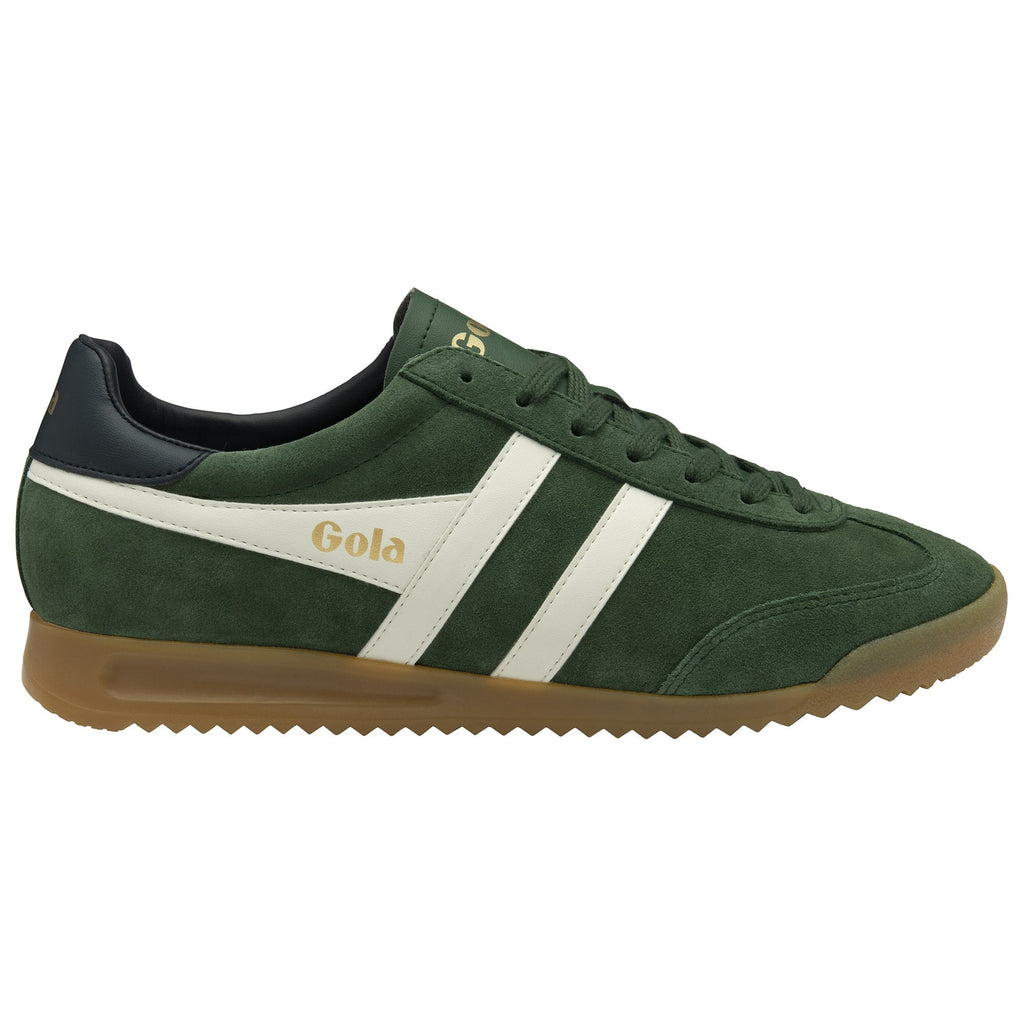A single Gola Harrier sneaker in dark green suede with white stripes, side view.