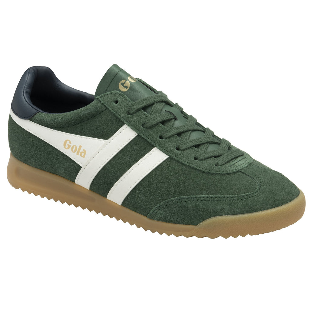 A single dark green Gola Harrier sneaker with white stripes and a gum sole.
