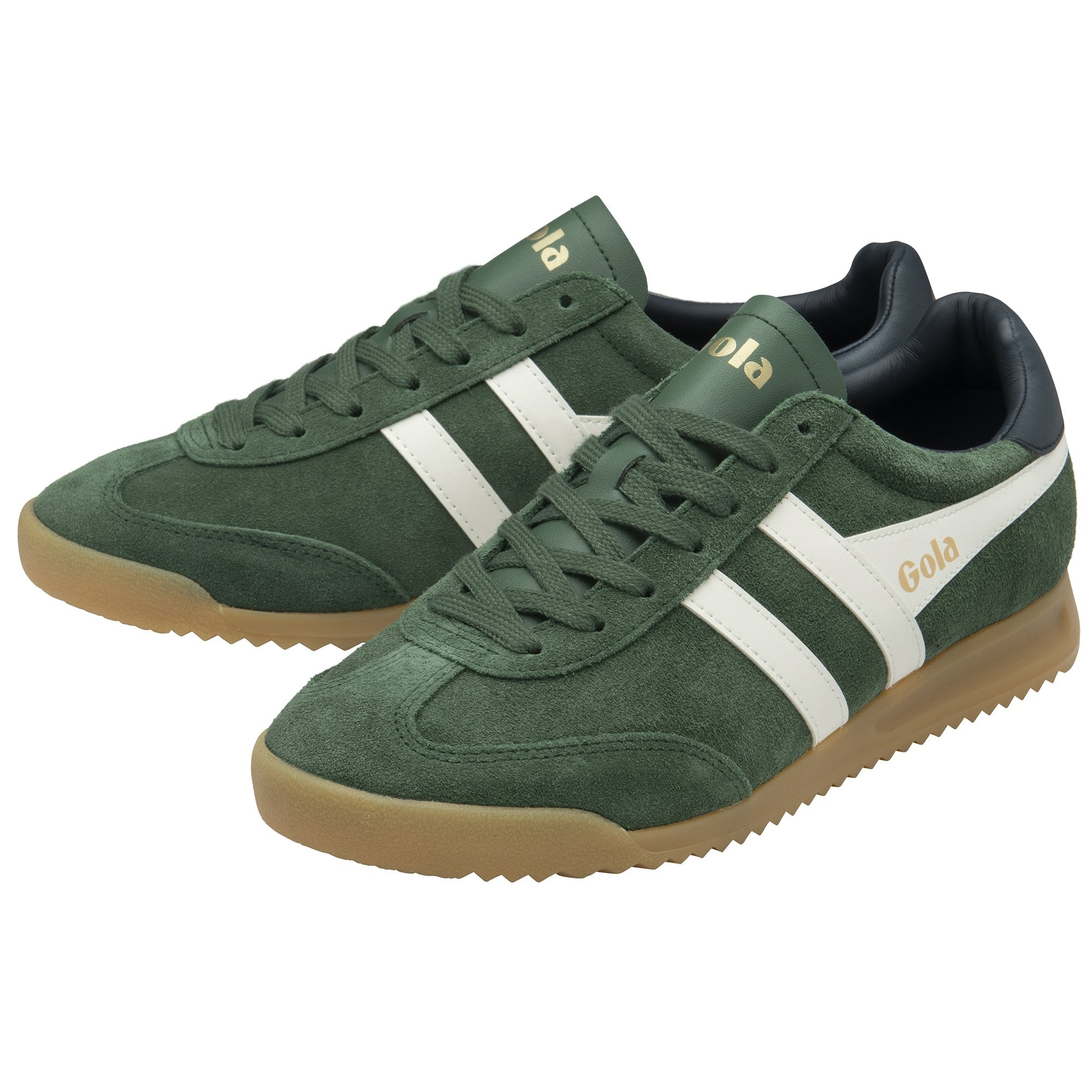 A pair of dark green Gola Harrier sneakers with white stripes, angled together.