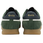 Back view of a pair of dark green Gola Harrier sneakers with white accents.