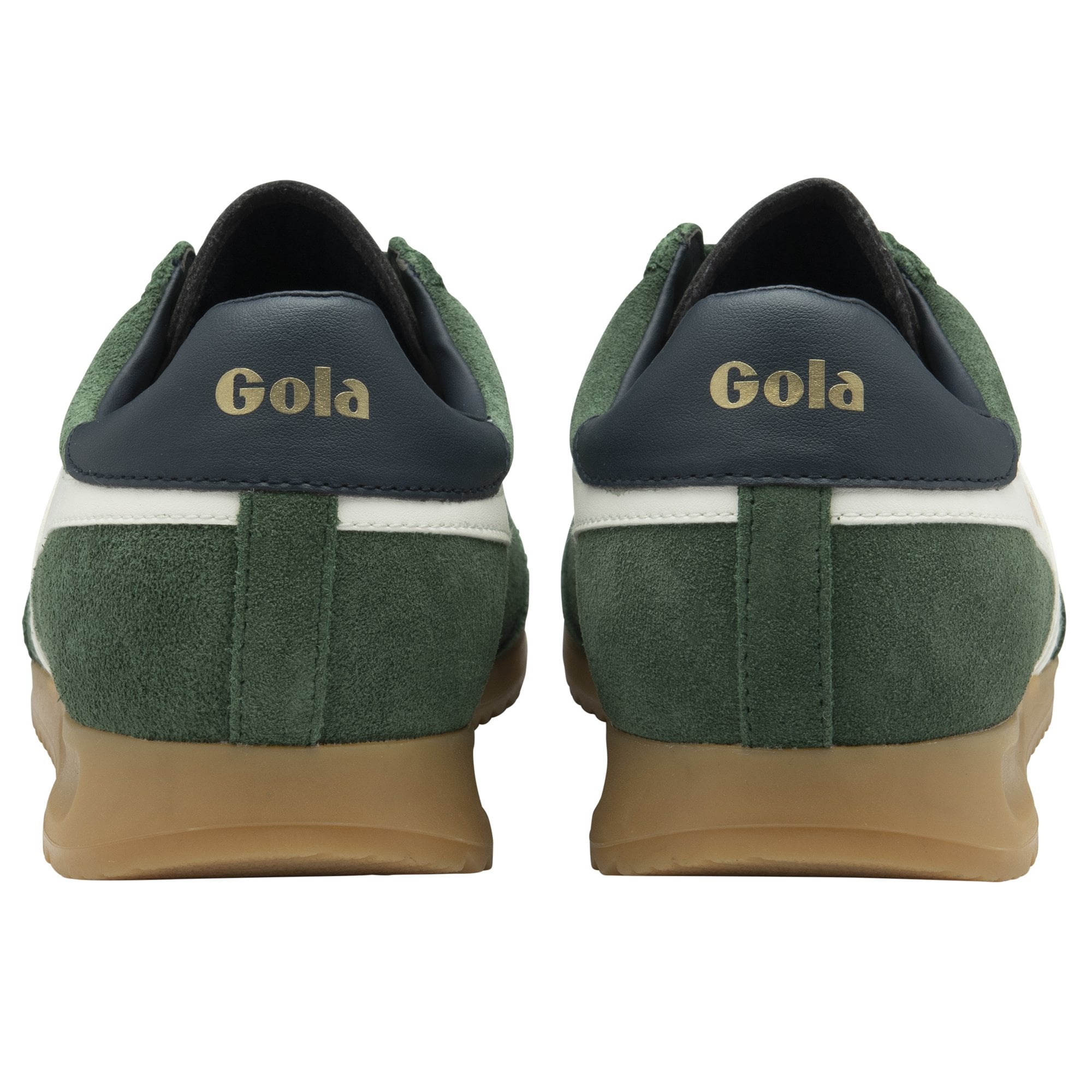 Back view of a pair of dark green Gola Harrier sneakers with white accents.