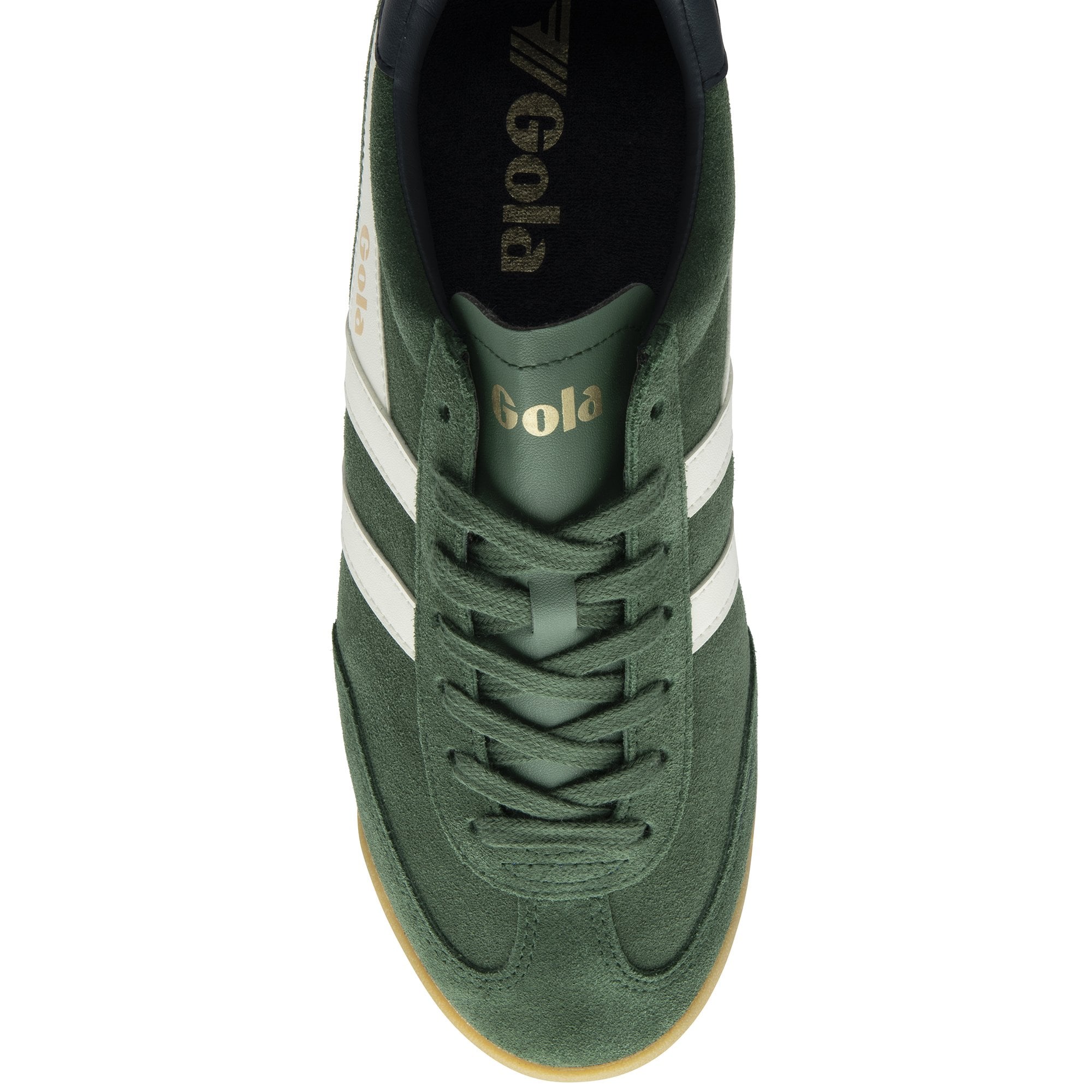 Top down view of a dark green Gola Harrier sneaker with white stripes and laces.