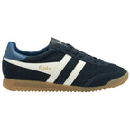 Side profile of a Gola men's sneaker in navy with white stripes and a gum sole.