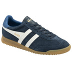 Right side profile of a Gola men's sneaker in navy with white stripes and a gum sole.