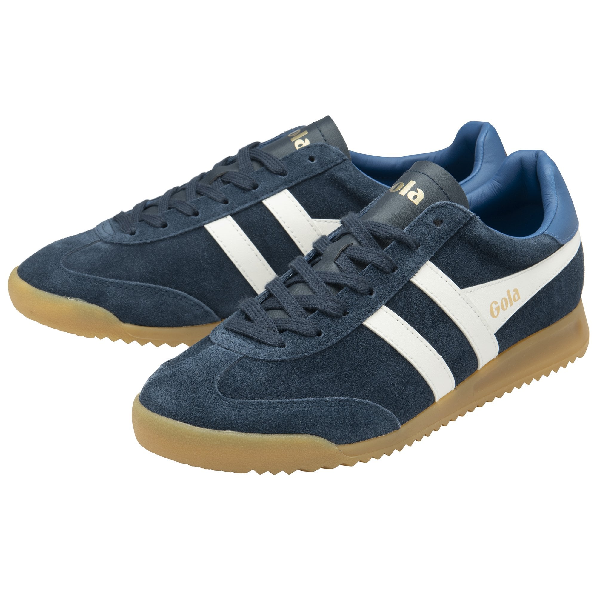 A pair of navy Gola men's sneakers with white stripes and gum soles.