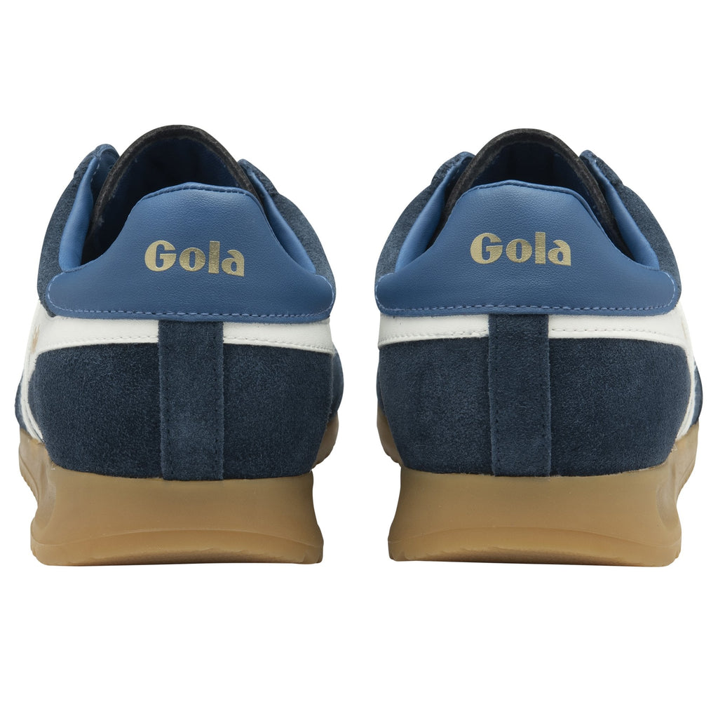 Back view of a pair of navy Gola men's sneakers with white stripes and gum soles.
