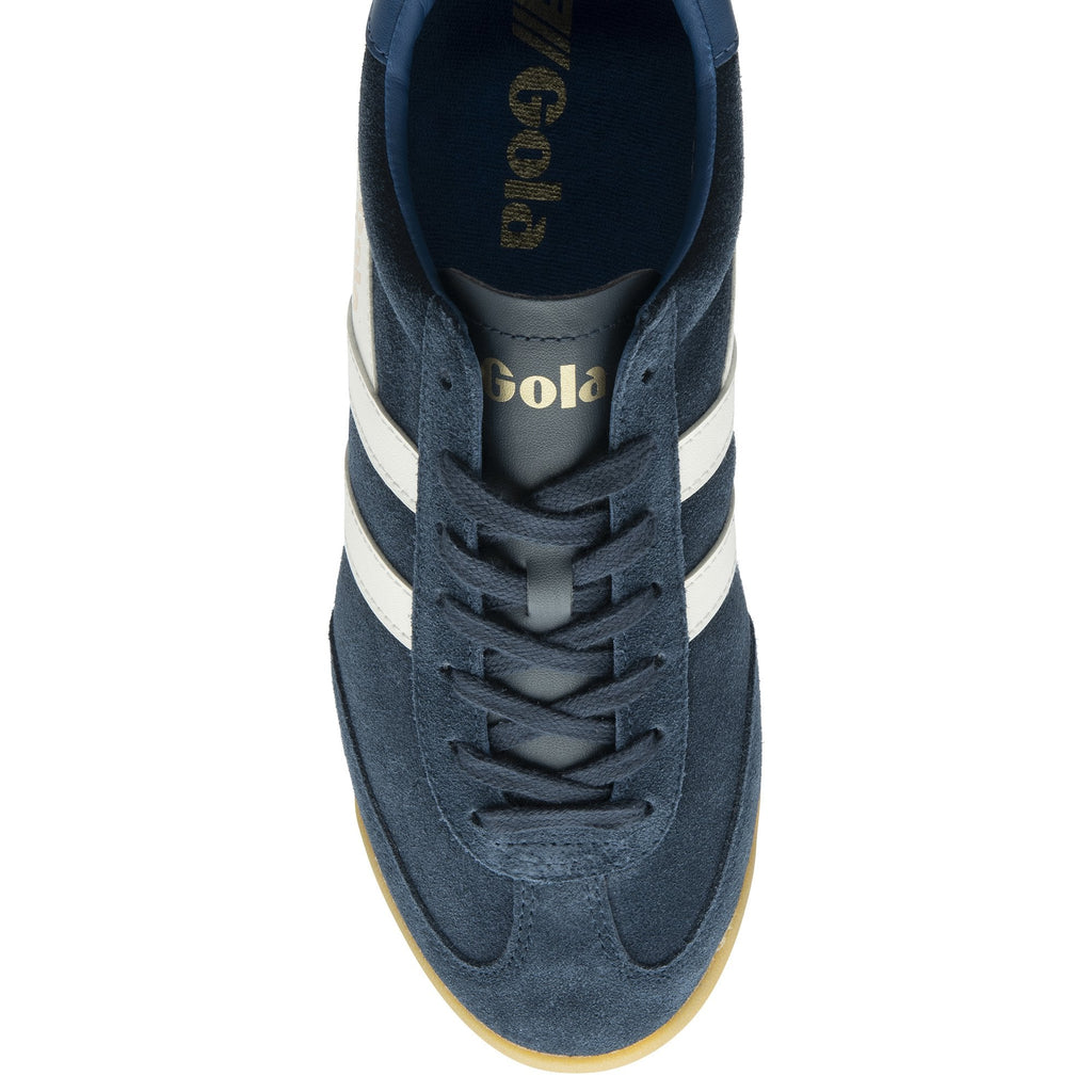 Top down view of a navy Gola men's sneaker with white stripes and a gum sole.