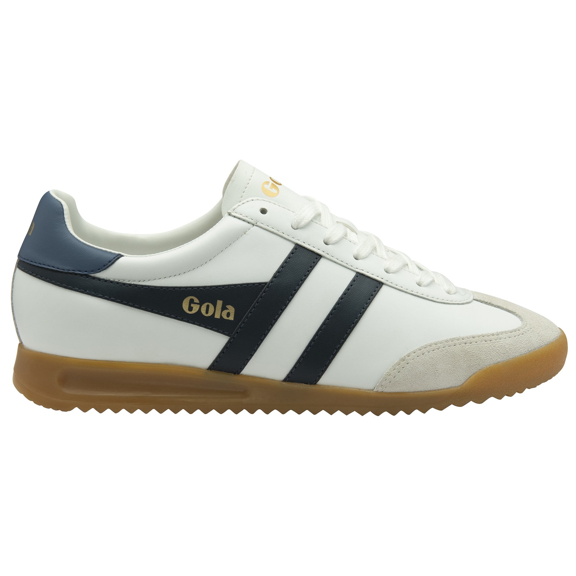 A single white and navy Gola sneaker with a gum sole shown from the side.
