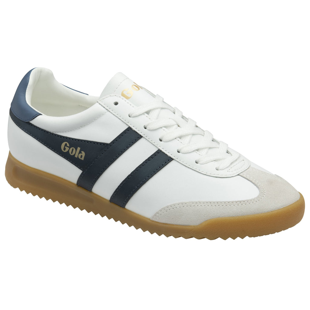 A single white and navy Gola sneaker with a gum sole shown from a three-quarter view.