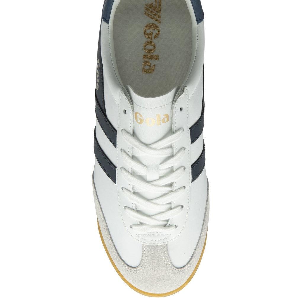 A single white and navy Gola sneaker with a gum sole shown from the top.