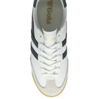 A single white and navy Gola sneaker with a gum sole shown from the top.