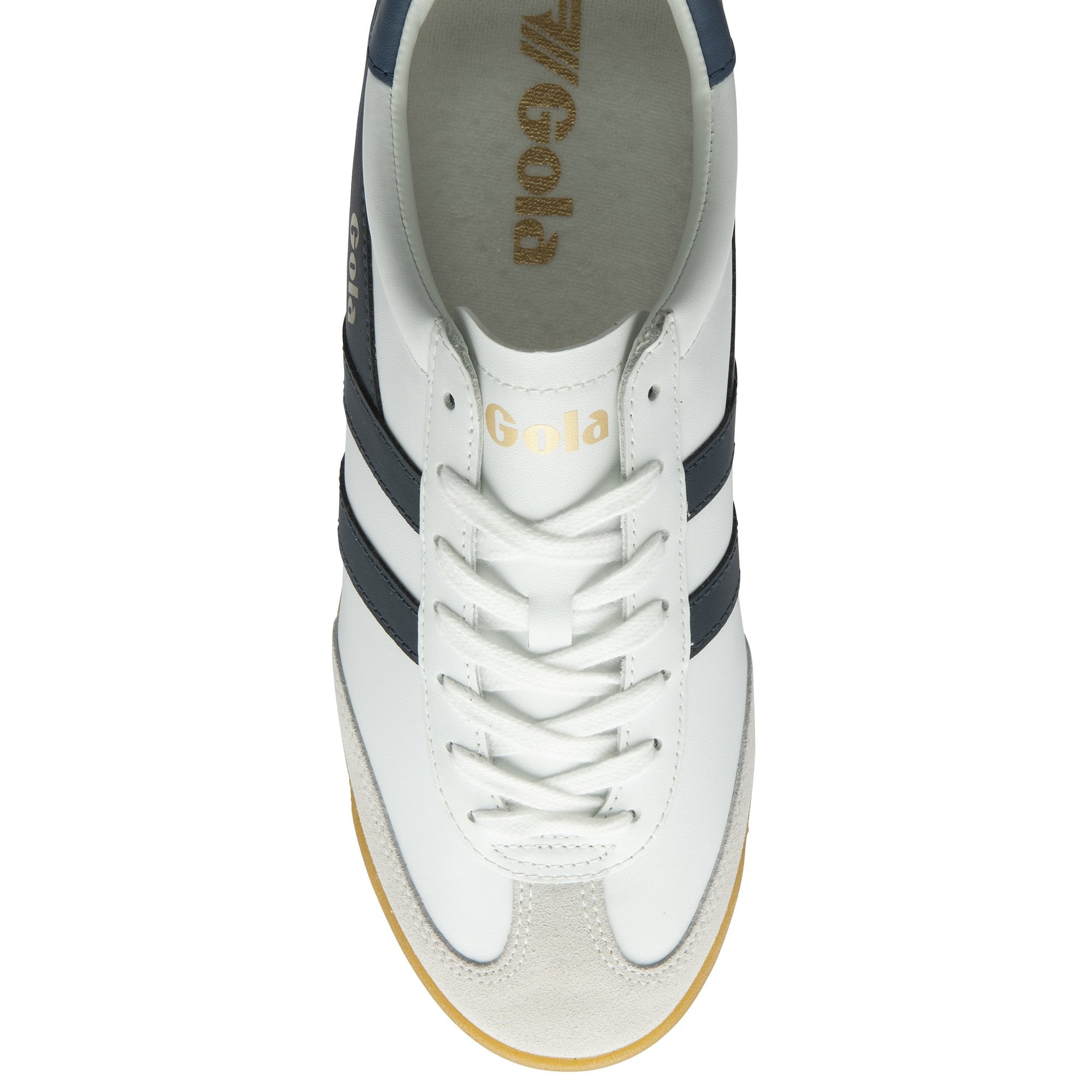 A single white and navy Gola sneaker with a gum sole shown from the top.