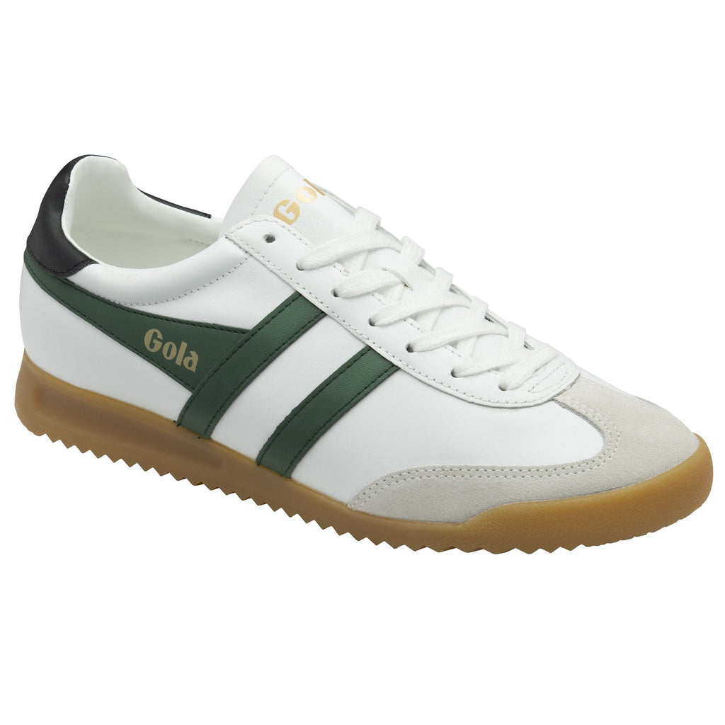 Angled view of a white Gola sneaker with green stripes and a gum sole.