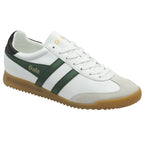 Angled view of a white Gola sneaker with green stripes and a gum sole.