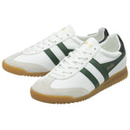 Pair of white Gola sneakers with green stripes and gum soles.