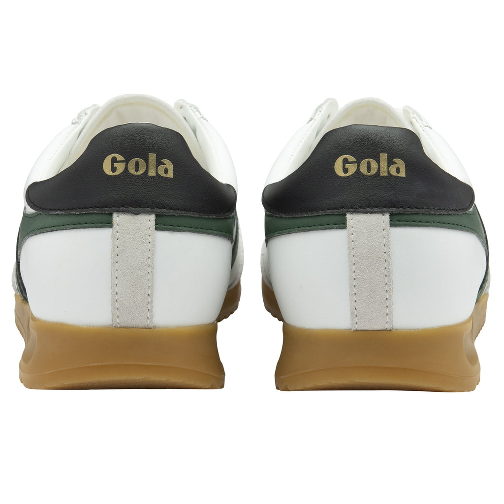 Rear view of a pair of white Gola sneakers with black and green accents.