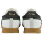 Rear view of a pair of white Gola sneakers with black and green accents.