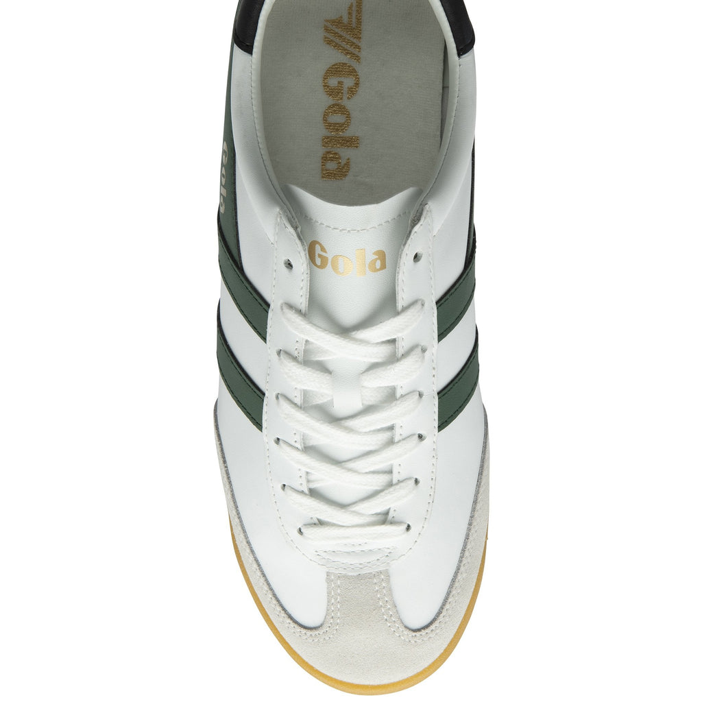 Top-down view of a white Gola sneaker with green stripes and white laces.