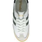 Top-down view of a white Gola sneaker with green stripes and white laces.