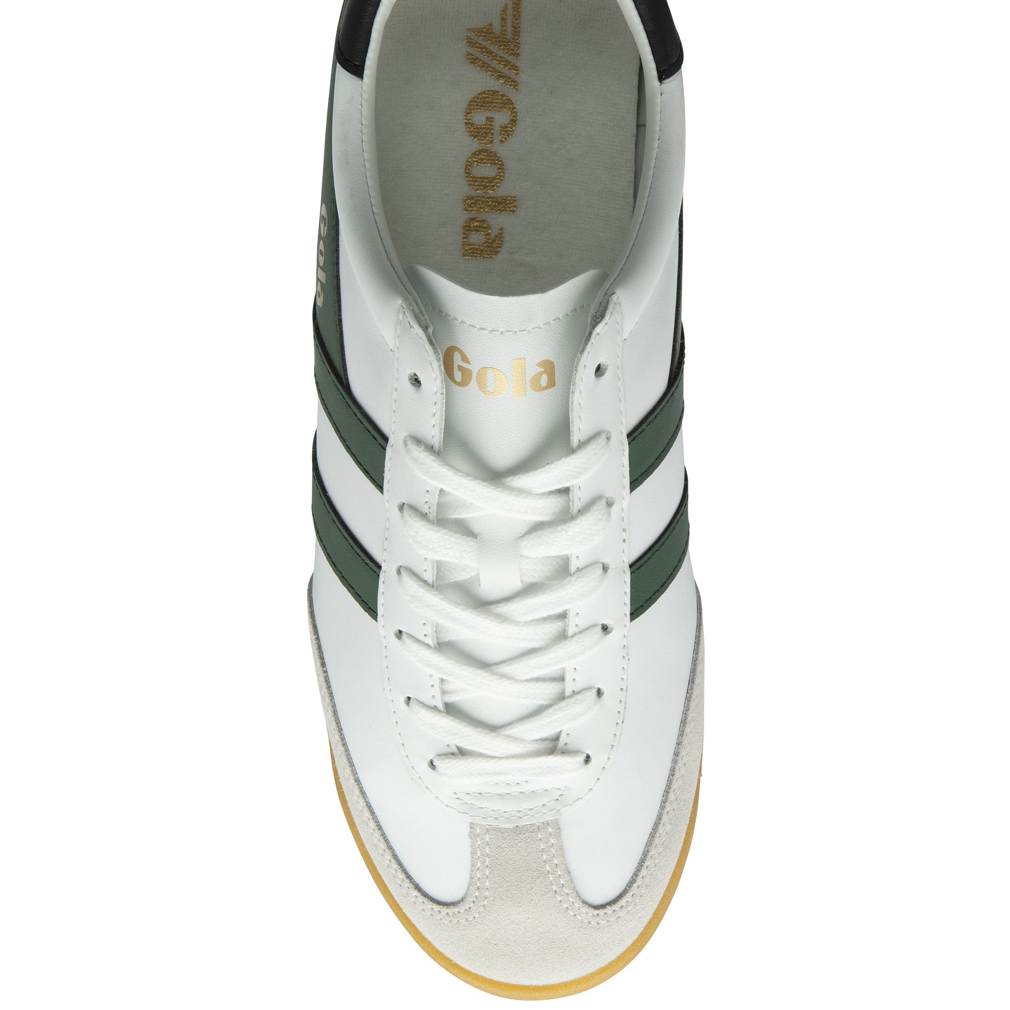 Top-down view of a white Gola sneaker with green stripes and white laces.