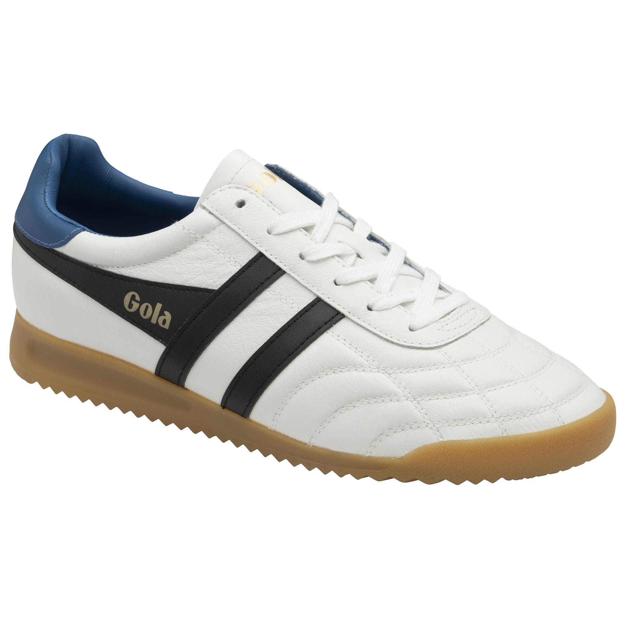 Angled view of a white Gola sneaker with black stripes and a gum sole.